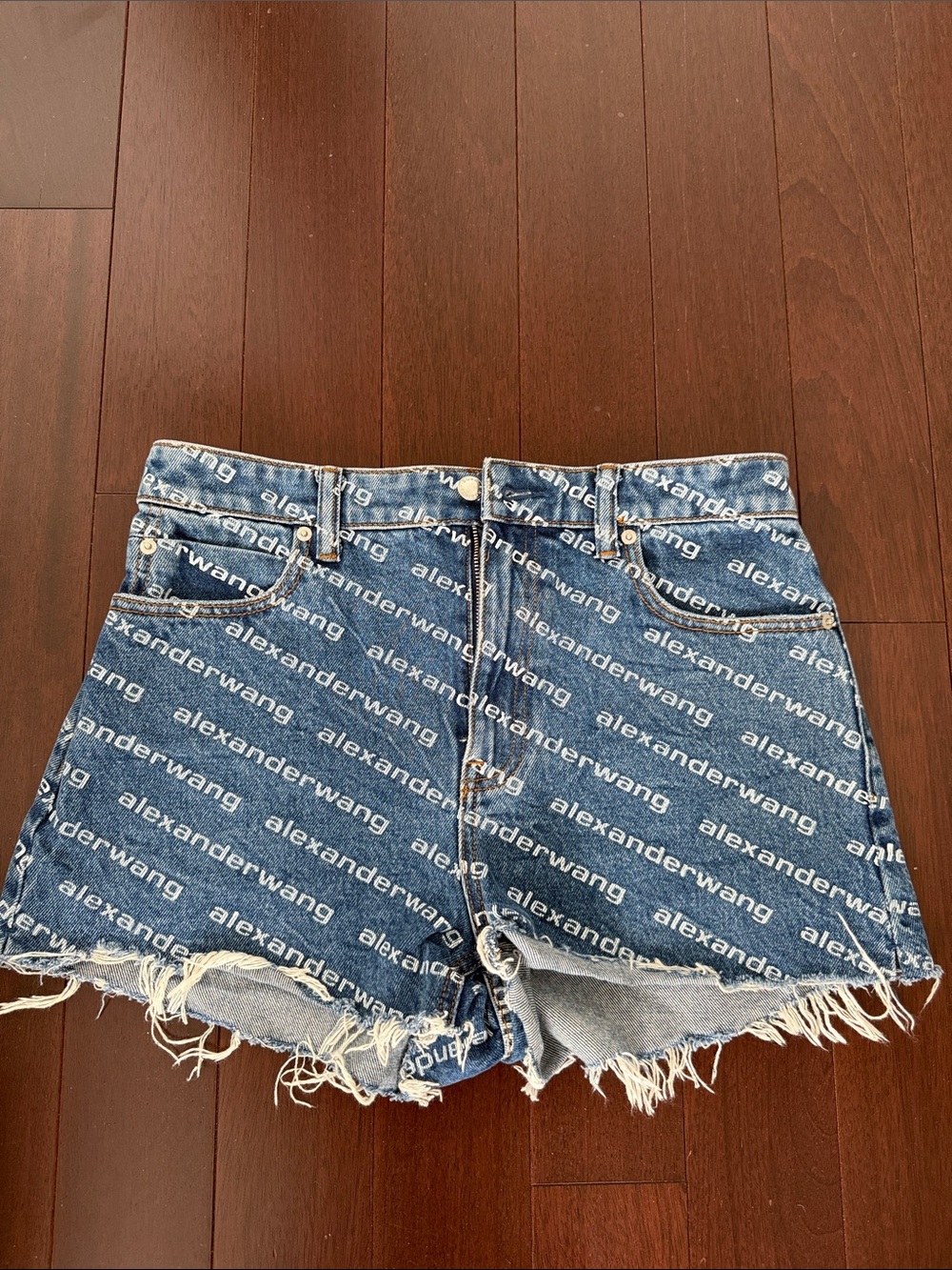 Alexander Wang Blue Logo-Print Frayed Hem Denim Shorts